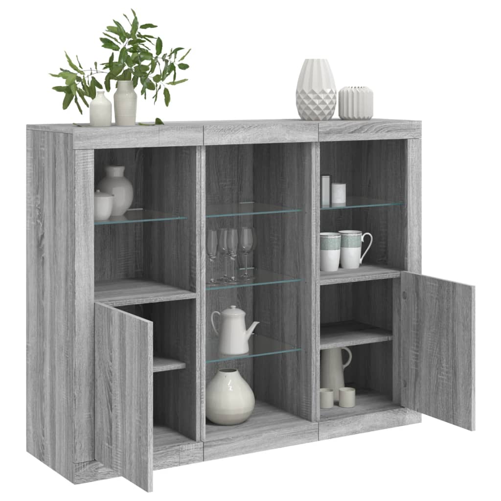 Dressoirs met LED-verlichting 3 st bewerkt hout grijs sonoma is nu te koop bij PeponiXL, paradijselijk wonen!