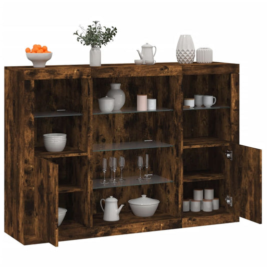 Dressoirs met LED-verlichting 3 st bewerkt hout gerookt eiken is nu te koop bij PeponiXL, paradijselijk wonen!