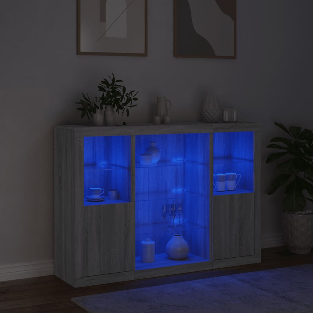 Dressoirs met LED-verlichting 3 st bewerkt hout grijs sonoma is nu te koop bij PeponiXL, paradijselijk wonen!