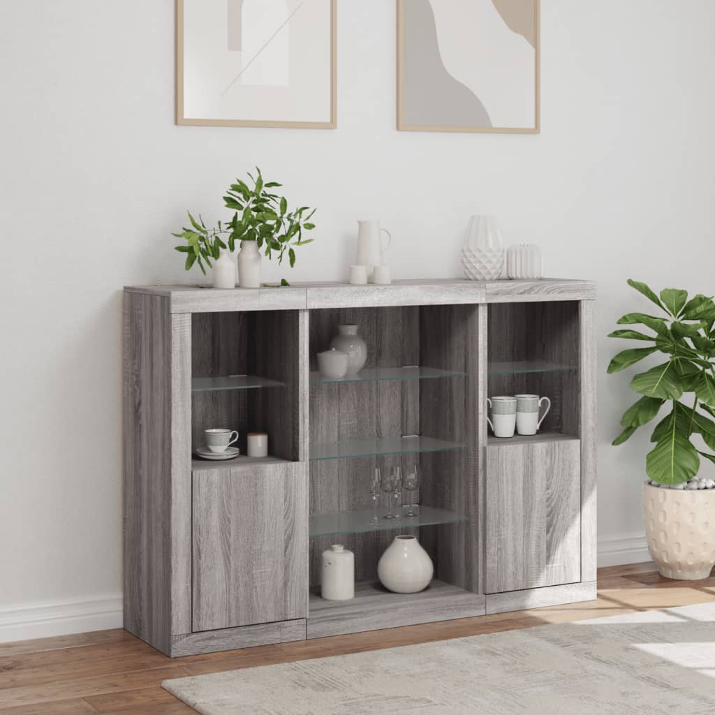 Dressoirs met LED-verlichting 3 st bewerkt hout grijs sonoma is nu te koop bij PeponiXL, paradijselijk wonen!