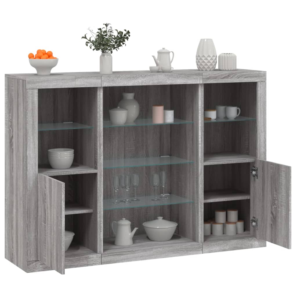 Dressoirs met LED-verlichting 3 st bewerkt hout grijs sonoma is nu te koop bij PeponiXL, paradijselijk wonen!