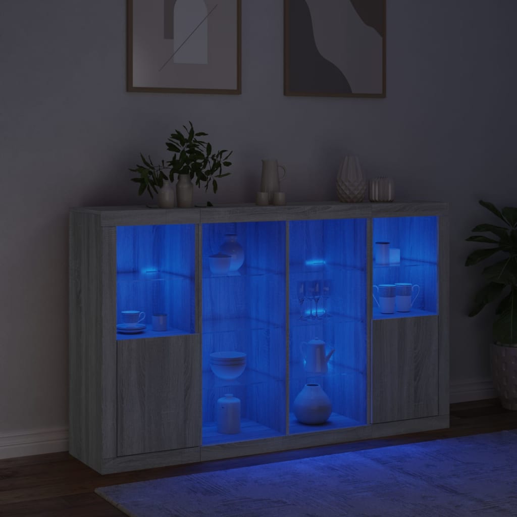 Dressoirs met LED-verlichting 3 st bewerkt hout grijs sonoma is nu te koop bij PeponiXL, paradijselijk wonen!