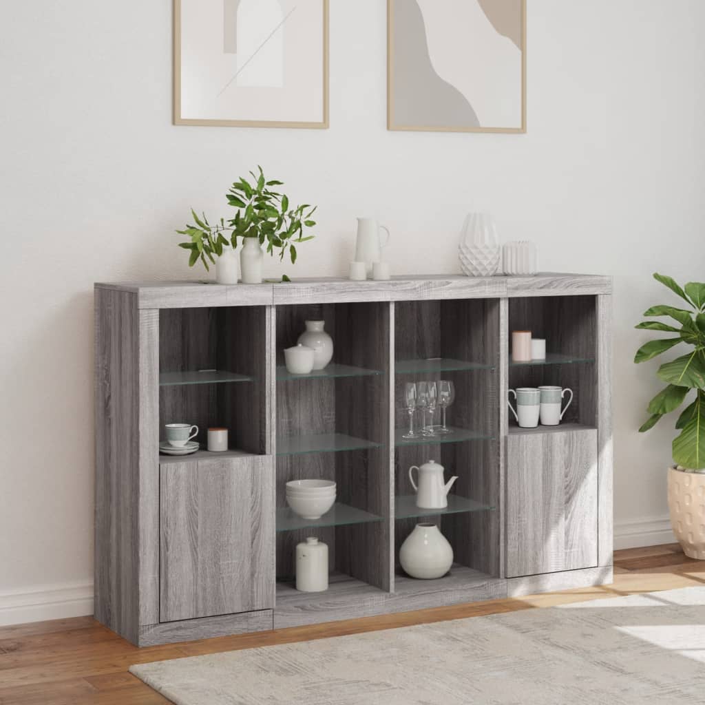 Dressoirs met LED-verlichting 3 st bewerkt hout grijs sonoma is nu te koop bij PeponiXL, paradijselijk wonen!