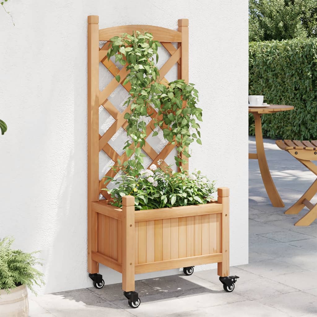 Plantenbak met latwerk en wielen massief vurenhout bruin is nu te koop bij PeponiXL, paradijselijk wonen!