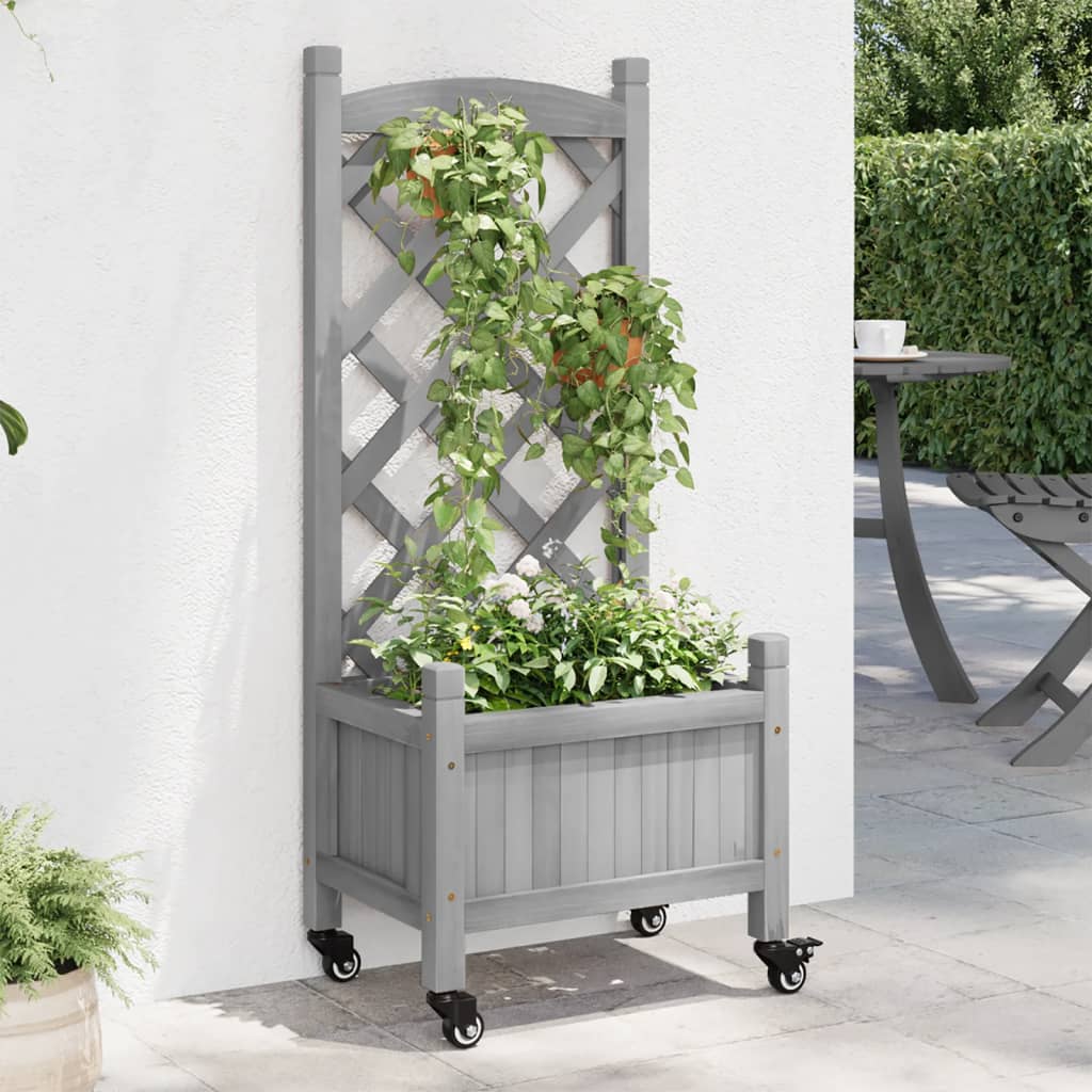 Plantenbak met latwerk en wielen massief vurenhout grijs is nu te koop bij PeponiXL, paradijselijk wonen!