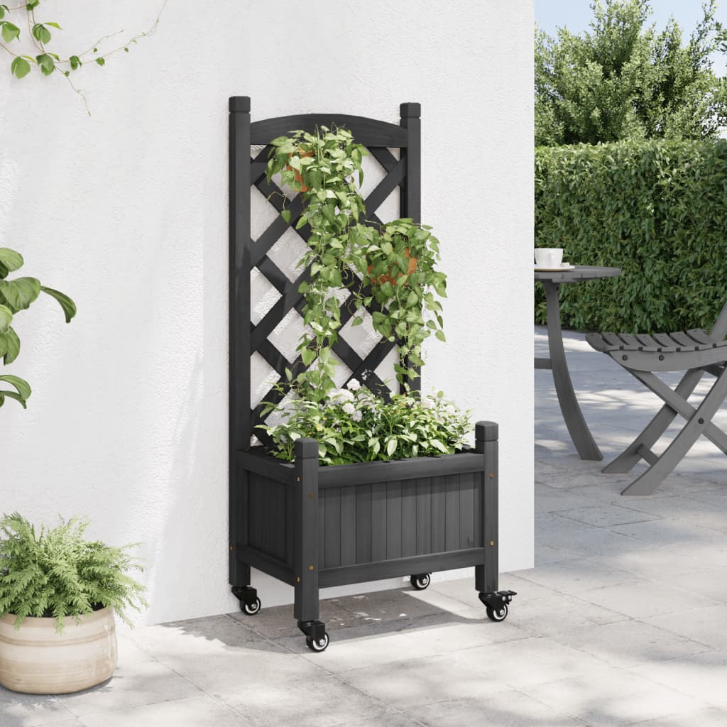 Plantenbak met latwerk en wielen massief vurenhout zwart is nu te koop bij PeponiXL, paradijselijk wonen!