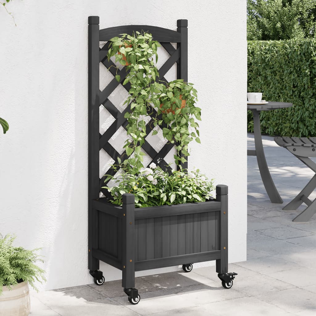 Plantenbak met latwerk en wielen massief vurenhout zwart is nu te koop bij PeponiXL, paradijselijk wonen!