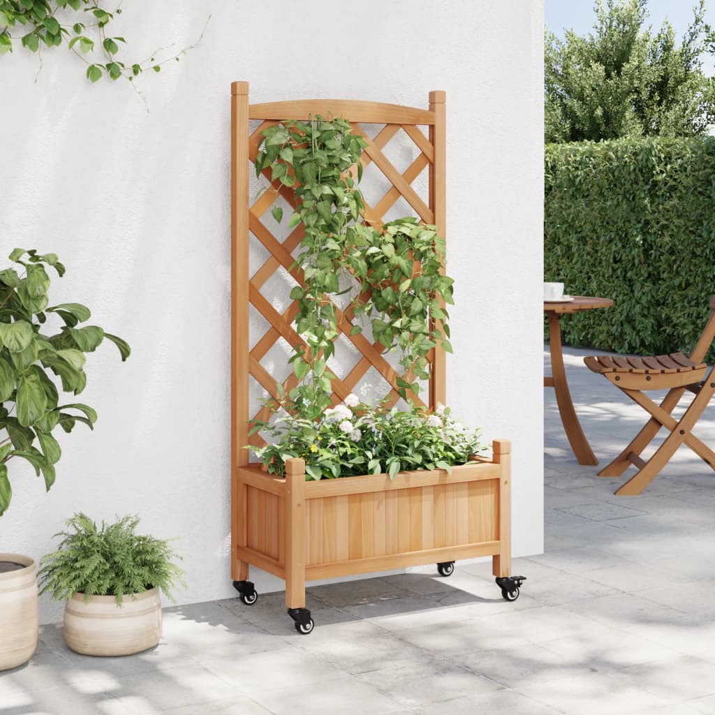 Plantenbak met latwerk en wielen massief vurenhout bruin is nu te koop bij PeponiXL, paradijselijk wonen!