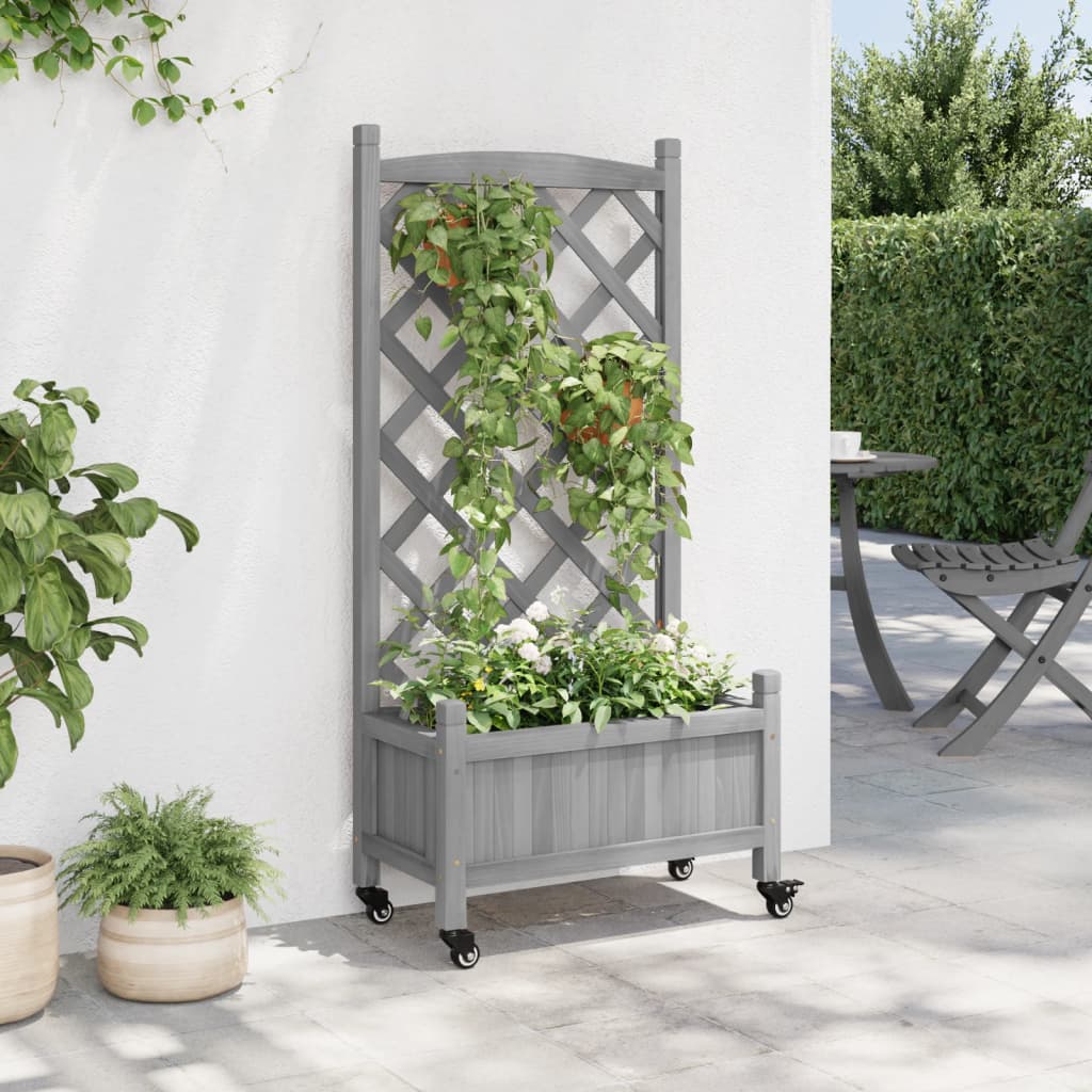 Plantenbak met latwerk en wielen massief vurenhout grijs is nu te koop bij PeponiXL, paradijselijk wonen!