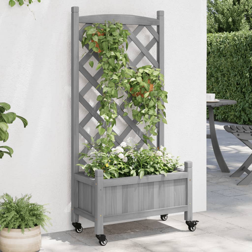 Plantenbak met latwerk en wielen massief vurenhout grijs is nu te koop bij PeponiXL, paradijselijk wonen!