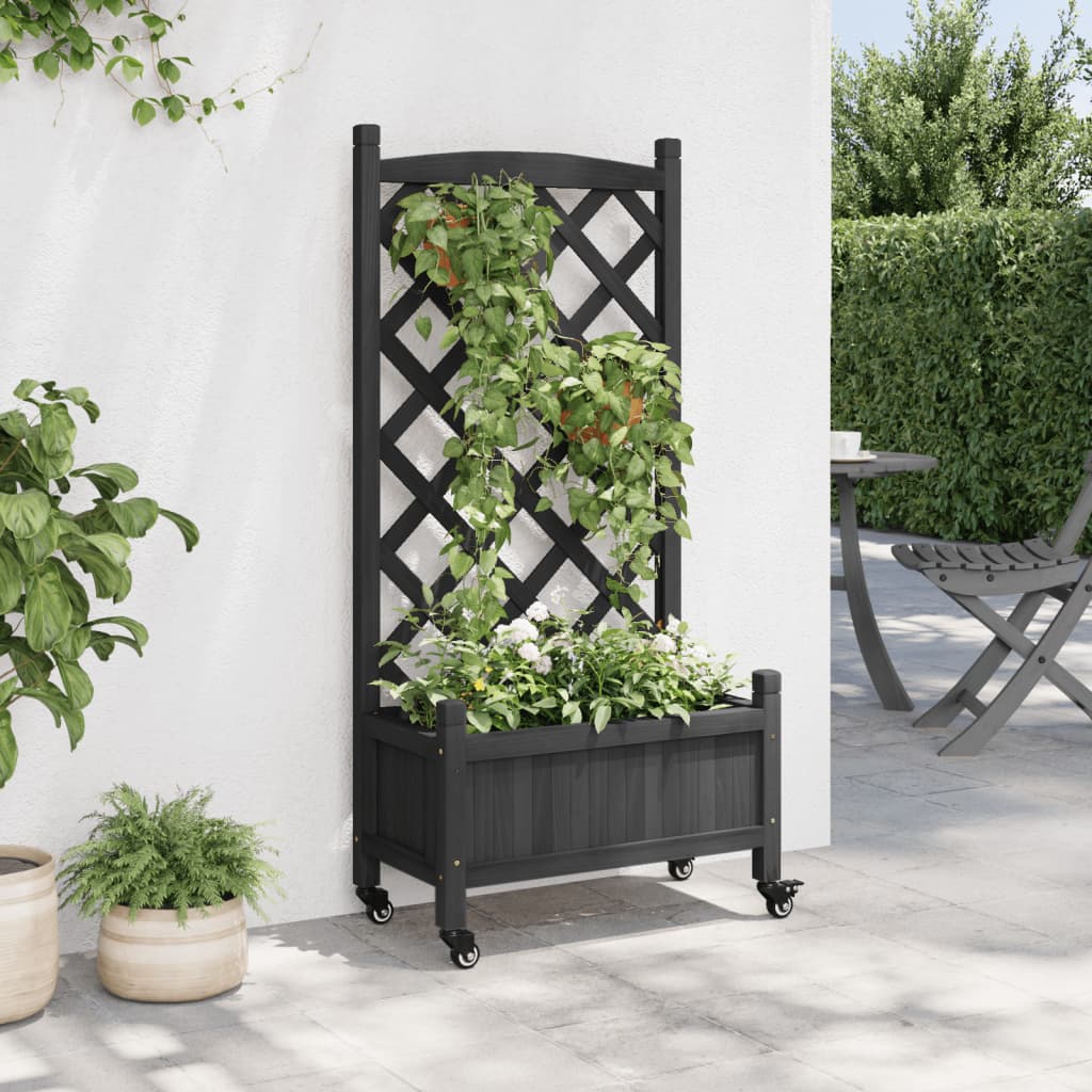 Plantenbak met latwerk en wielen massief vurenhout zwart is nu te koop bij PeponiXL, paradijselijk wonen!