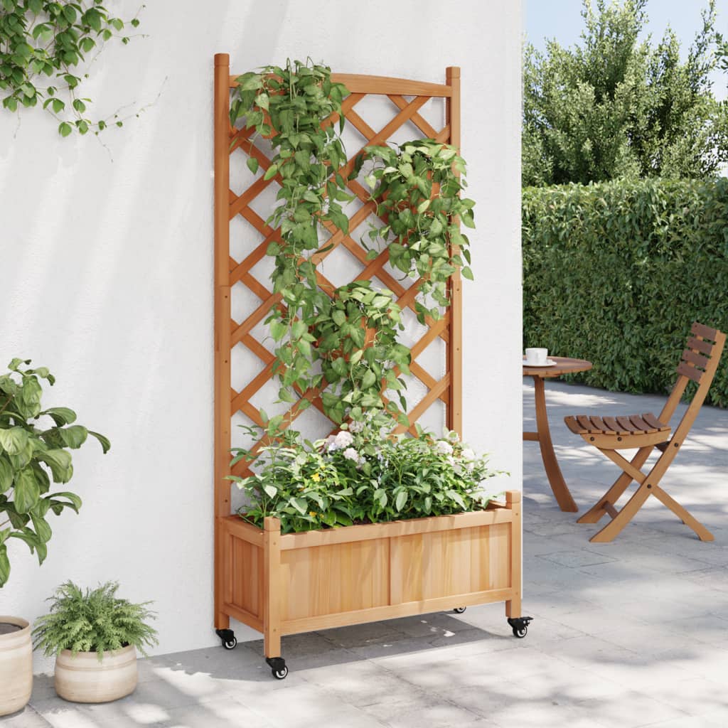 Plantenbak met latwerk en wielen massief vurenhout bruin is nu te koop bij PeponiXL, paradijselijk wonen!