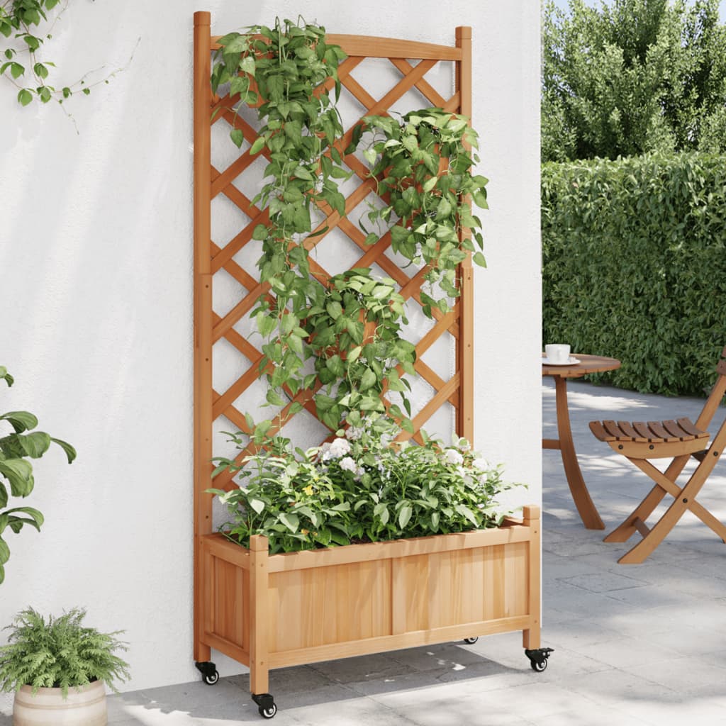 Plantenbak met latwerk en wielen massief vurenhout bruin is nu te koop bij PeponiXL, paradijselijk wonen!