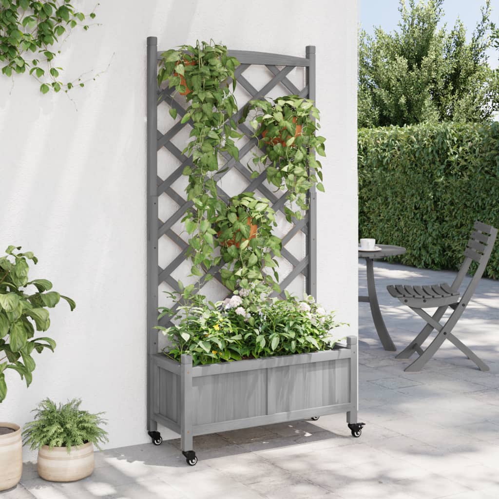 Plantenbak met latwerk en wielen massief vurenhout grijs is nu te koop bij PeponiXL, paradijselijk wonen!
