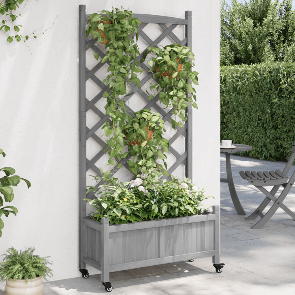 Plantenbak met latwerk en wielen massief vurenhout grijs is nu te koop bij PeponiXL, paradijselijk wonen!