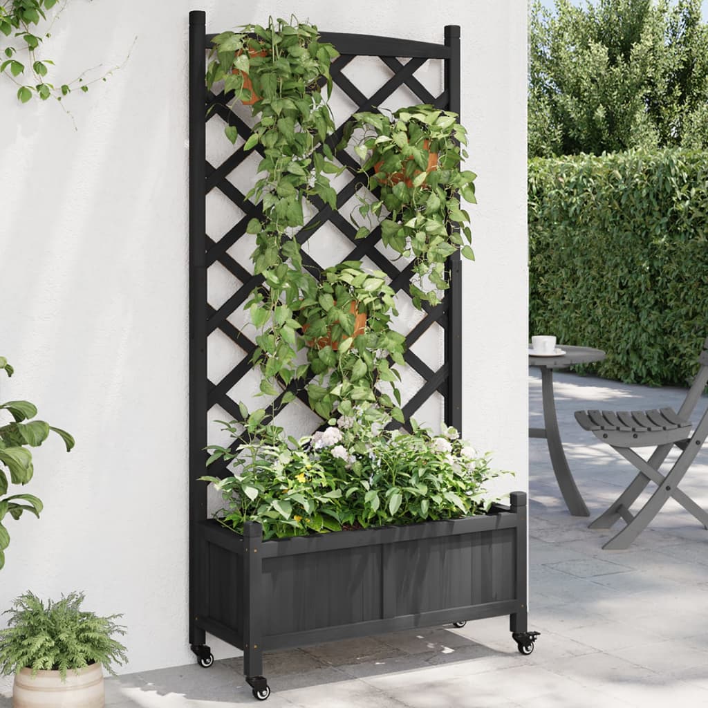 Plantenbak met latwerk en wielen massief vurenhout zwart is nu te koop bij PeponiXL, paradijselijk wonen!