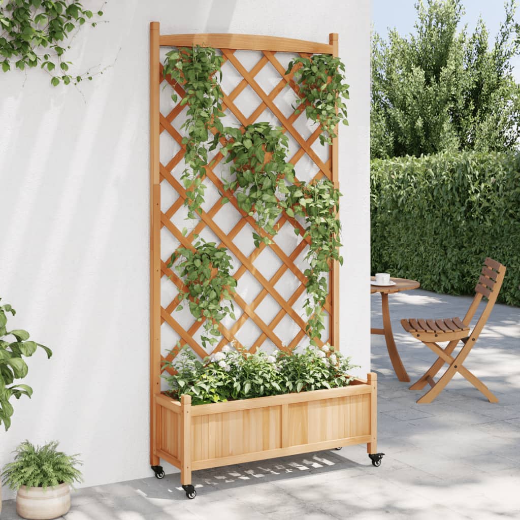 Plantenbak met latwerk en wielen massief vurenhout bruin is nu te koop bij PeponiXL, paradijselijk wonen!