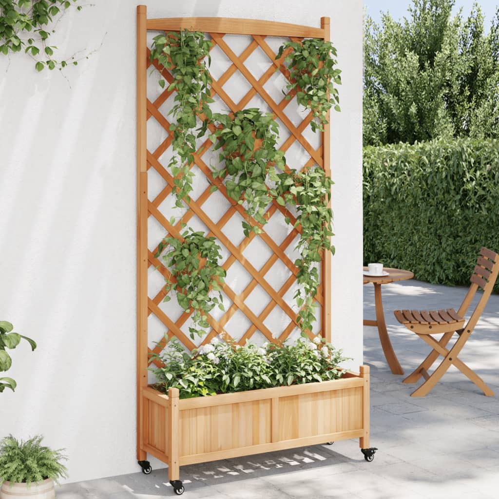 Plantenbak met latwerk en wielen massief vurenhout bruin is nu te koop bij PeponiXL, paradijselijk wonen!
