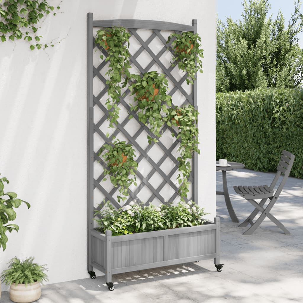 Plantenbak met latwerk en wielen massief vurenhout grijs is nu te koop bij PeponiXL, paradijselijk wonen!