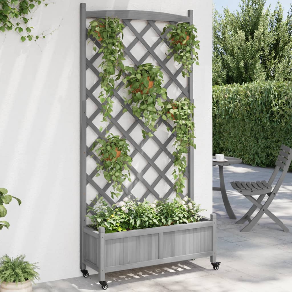 Plantenbak met latwerk en wielen massief vurenhout grijs is nu te koop bij PeponiXL, paradijselijk wonen!
