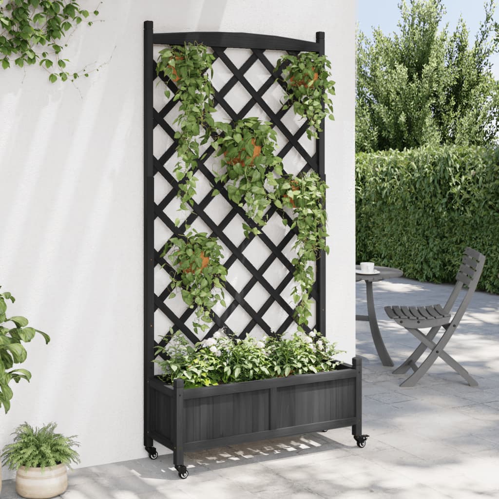 Plantenbak met latwerk en wielen massief vurenhout zwart is nu te koop bij PeponiXL, paradijselijk wonen!