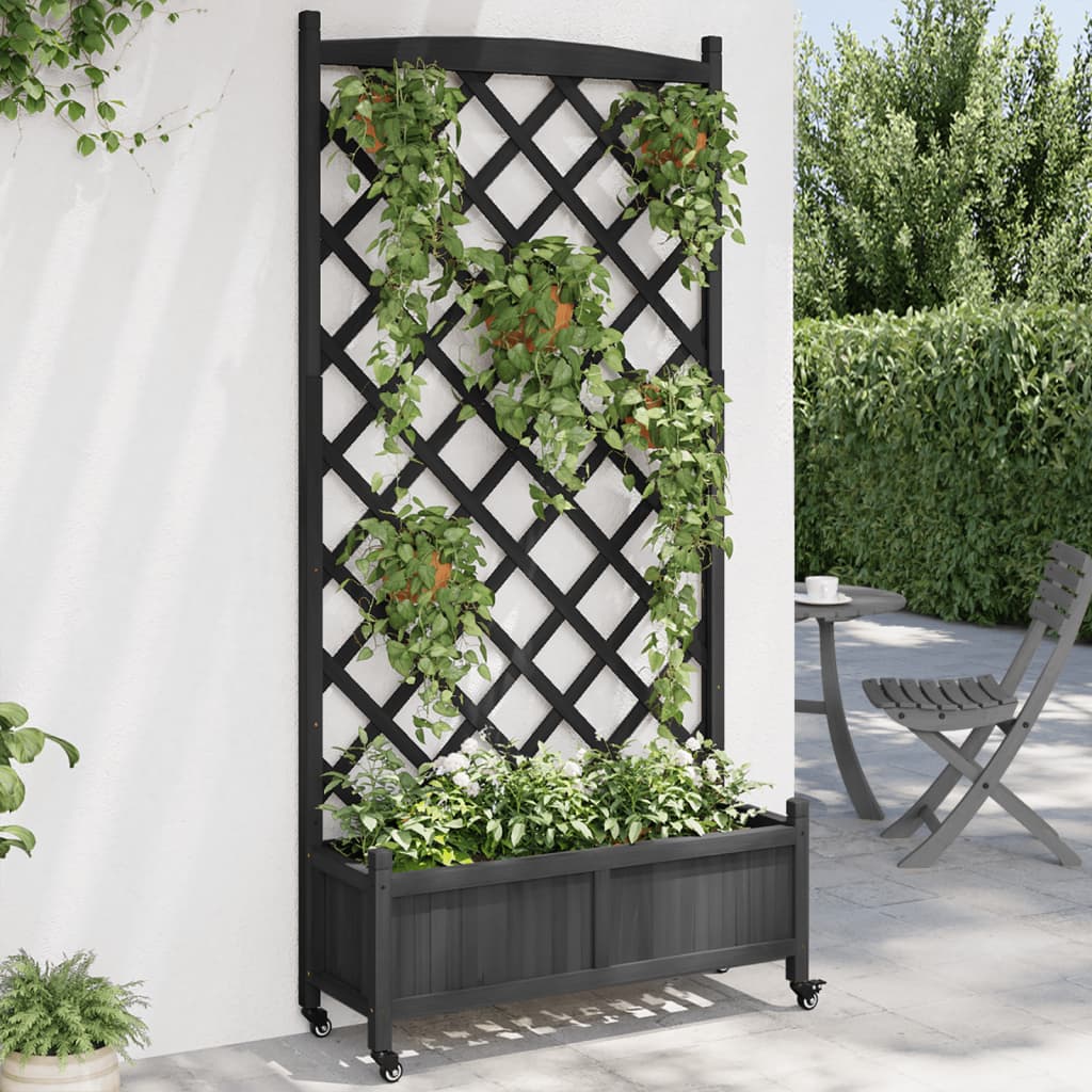 Plantenbak met latwerk en wielen massief vurenhout zwart is nu te koop bij PeponiXL, paradijselijk wonen!