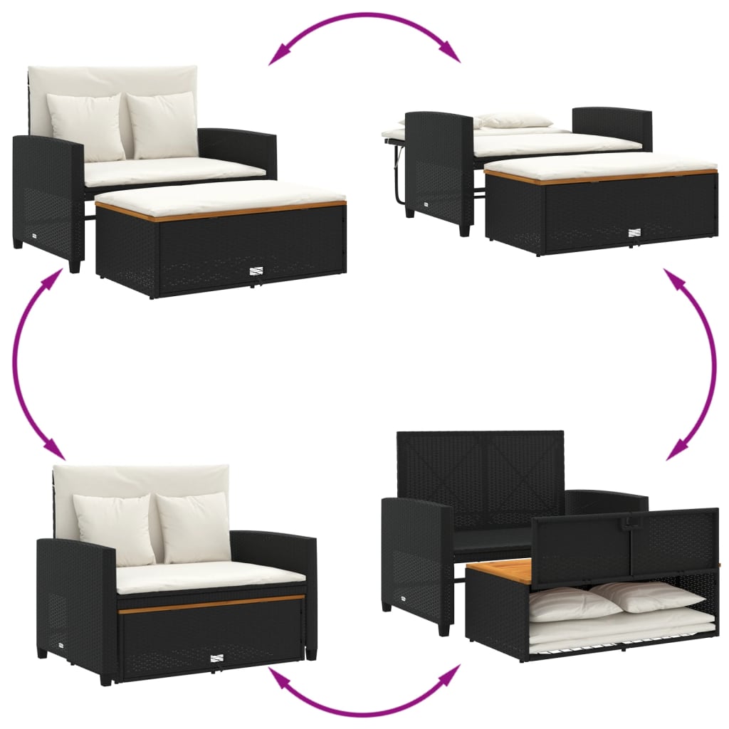 Tuinbank 2-zits met kussens poly rattan en acaciahout zwart is nu te koop bij PeponiXL, paradijselijk wonen!
