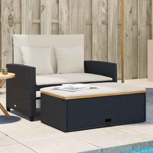 Tuinbank 2-zits met kussens poly rattan en acaciahout zwart is nu te koop bij PeponiXL, paradijselijk wonen!