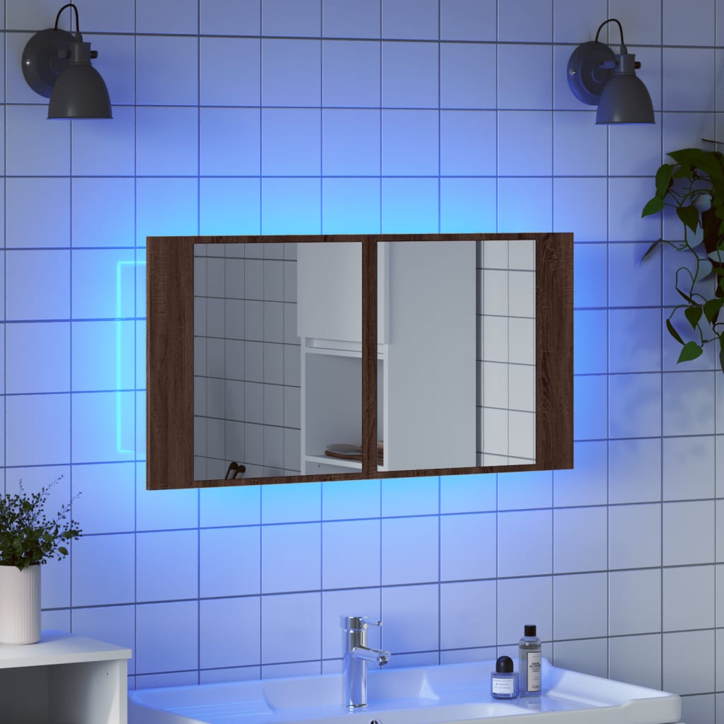 Badkamerkast met spiegel en LED 90x12x45 acryl bruineikenkleur is nu te koop bij PeponiXL, paradijselijk wonen!