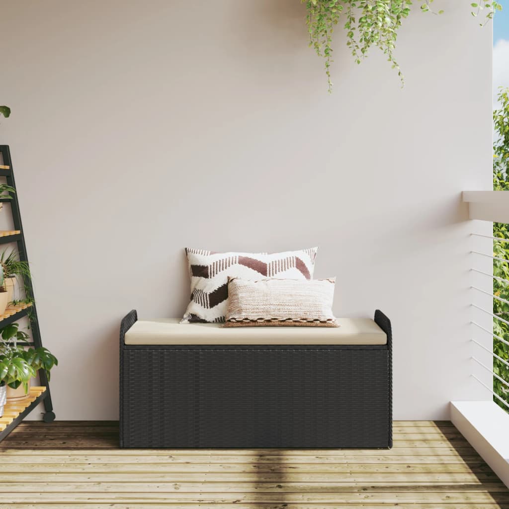 Opbergbankje met kussen 115x51x52 cm poly rattan zwart is nu te koop bij PeponiXL, paradijselijk wonen!