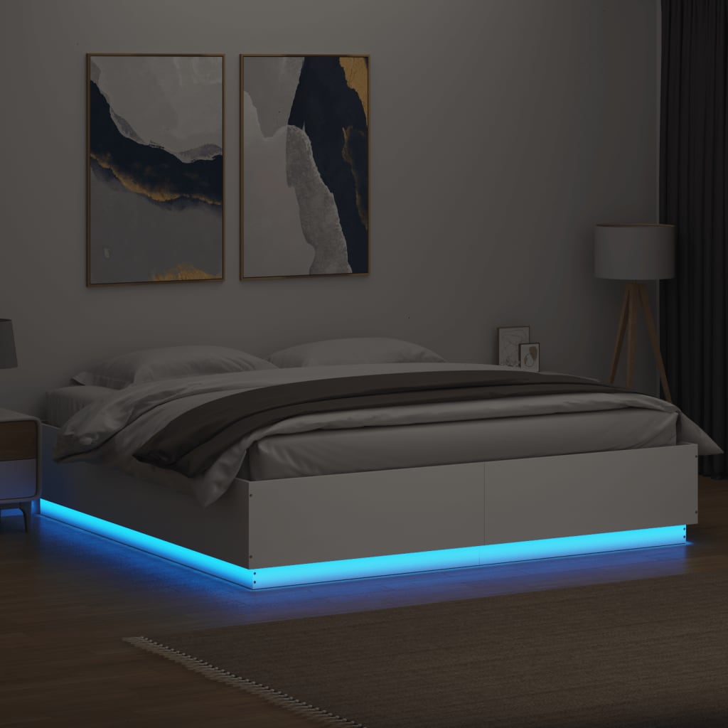 Bedframe met LED-verlichting bewerkt hout wit 200x200 cm is nu te koop bij PeponiXL, paradijselijk wonen!
