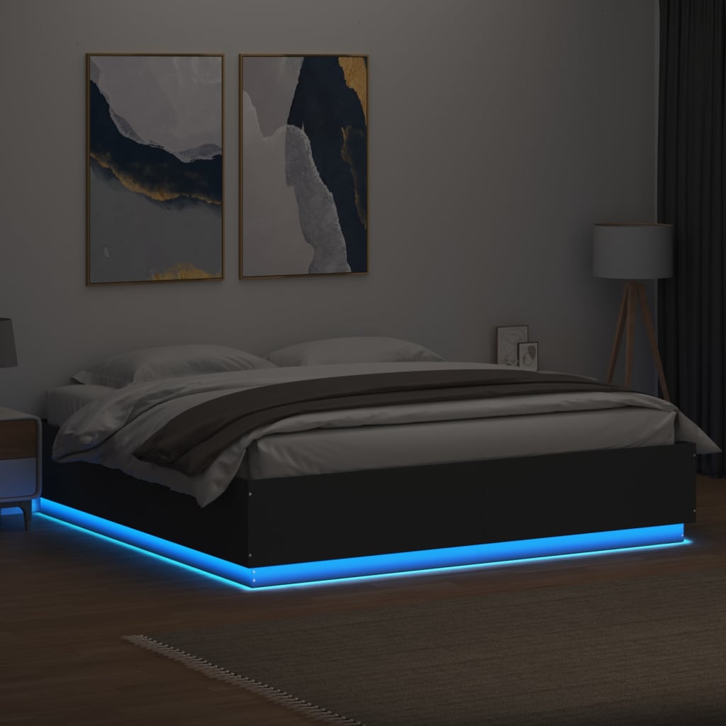 Bedframe met LED-verlichting bewerkt hout zwart 200x200 cm is nu te koop bij PeponiXL, paradijselijk wonen!
