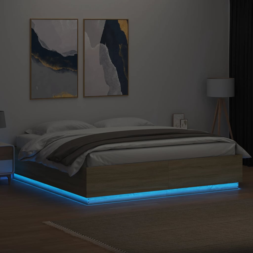 Bedframe met LED-verlichting sonoma eiken 200x200 cm is nu te koop bij PeponiXL, paradijselijk wonen!