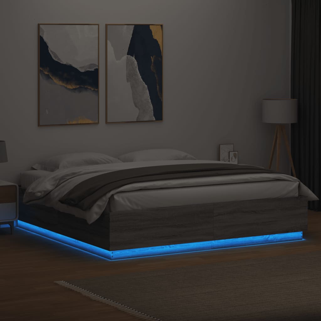 Bedframe met LED-verlichting grijs sonoma eiken 200x200 cm is nu te koop bij PeponiXL, paradijselijk wonen!