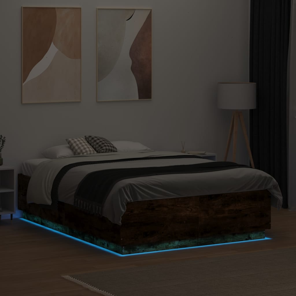 Bedframe met LED-verlichting gerookt eikenkleurig 140x190 cm is nu te koop bij PeponiXL, paradijselijk wonen!