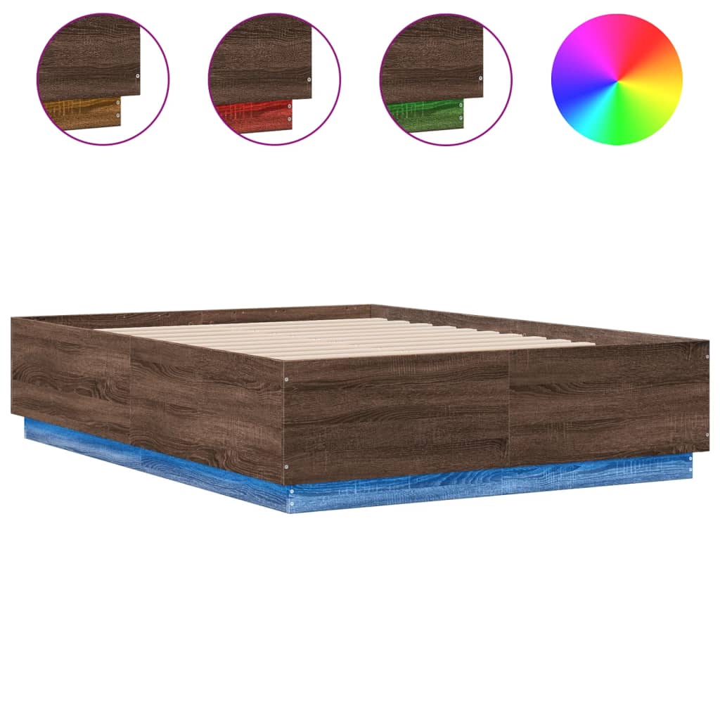 Bedframe met LED-verlichting bruin eikenkleurig 135x190 cm is nu te koop bij PeponiXL, paradijselijk wonen!