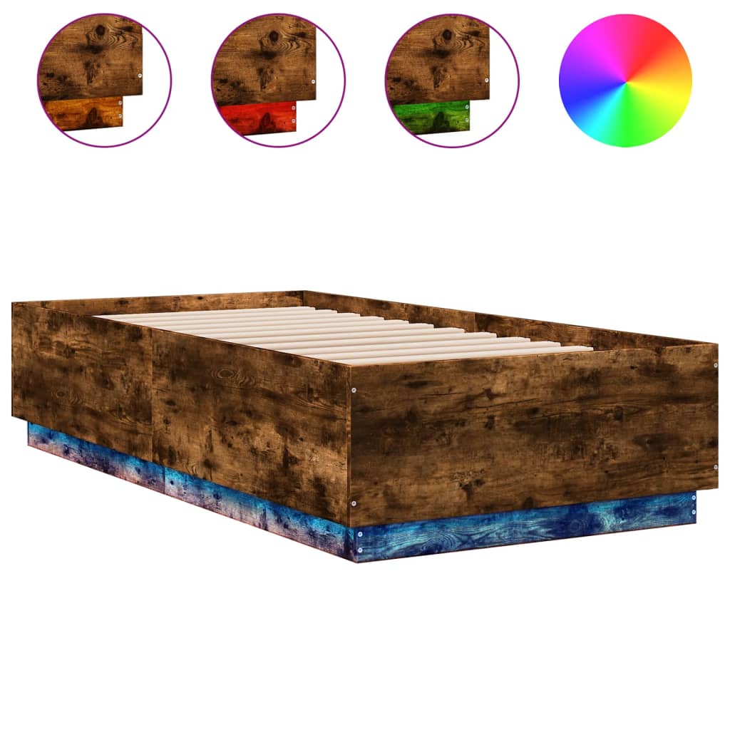 Bedframe LED-verlichting bewerkt hout gerookt eiken 75x190 cm is nu te koop bij PeponiXL, paradijselijk wonen!
