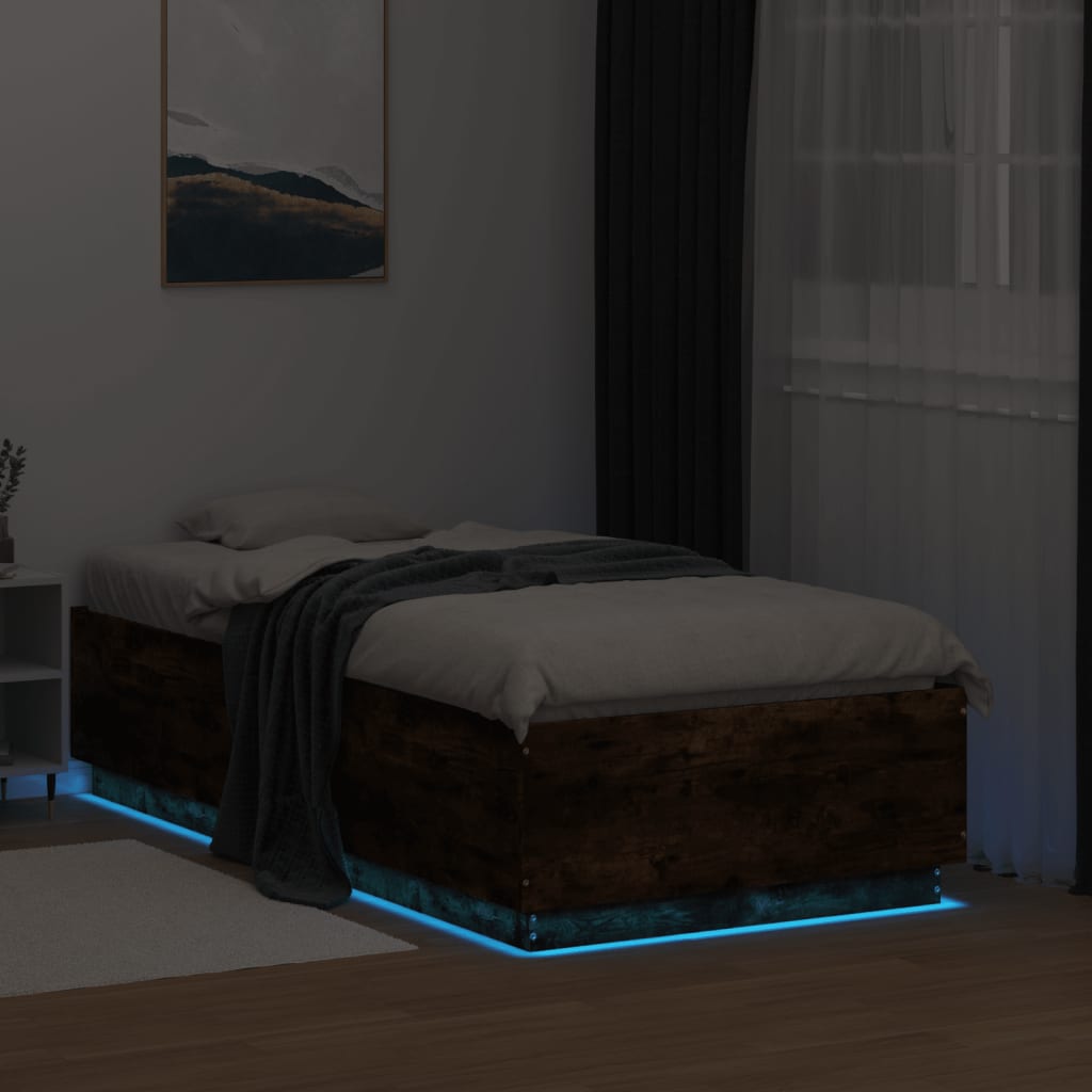 Bedframe LED-verlichting bewerkt hout gerookt eiken 75x190 cm is nu te koop bij PeponiXL, paradijselijk wonen!