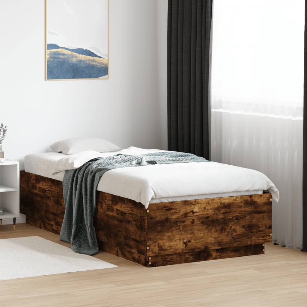 Bedframe LED-verlichting bewerkt hout gerookt eiken 75x190 cm is nu te koop bij PeponiXL, paradijselijk wonen!