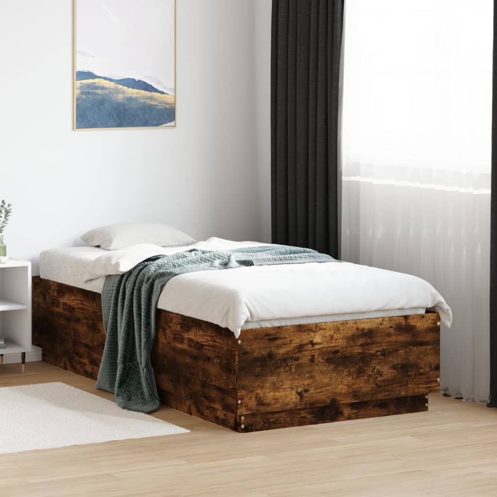 Bedframe LED-verlichting bewerkt hout gerookt eiken 75x190 cm is nu te koop bij PeponiXL, paradijselijk wonen!