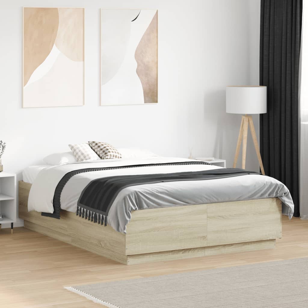 Bedframe bewerkt hout sonoma eikenkleurig 135x190 cm is nu te koop bij PeponiXL, paradijselijk wonen!