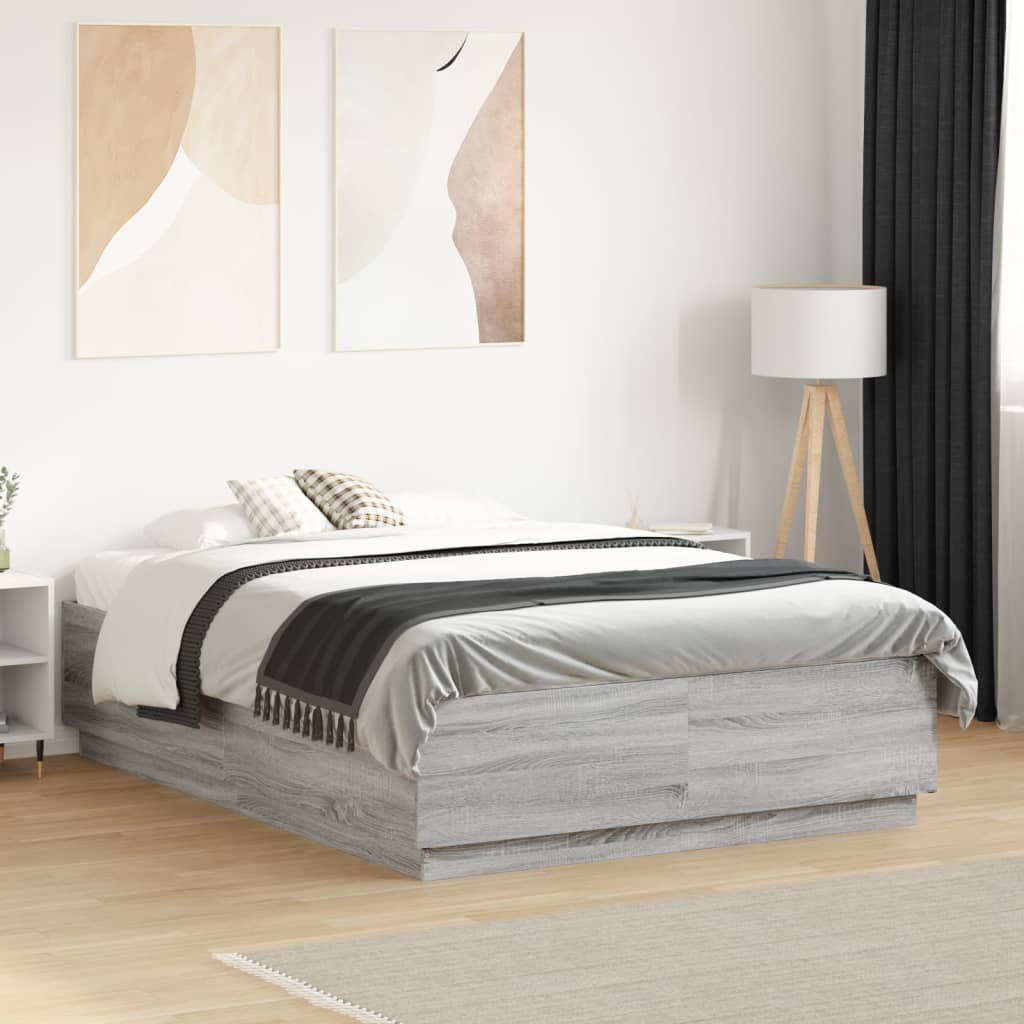 Bedframe bewerkt hout grijs sonoma eikenkleurig 135x190 cm is nu te koop bij PeponiXL, paradijselijk wonen!