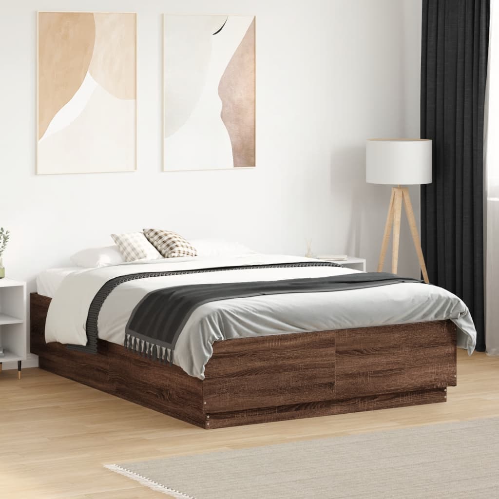 Bedframe bewerkt hout bruin eikenkleur 135x190 cm is nu te koop bij PeponiXL, paradijselijk wonen!