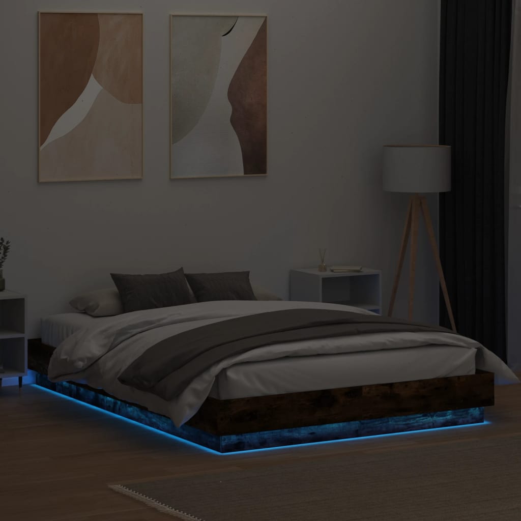 Bedframe met LED-verlichting gerookt eikenkleurig 140x200 cm is nu te koop bij PeponiXL, paradijselijk wonen!