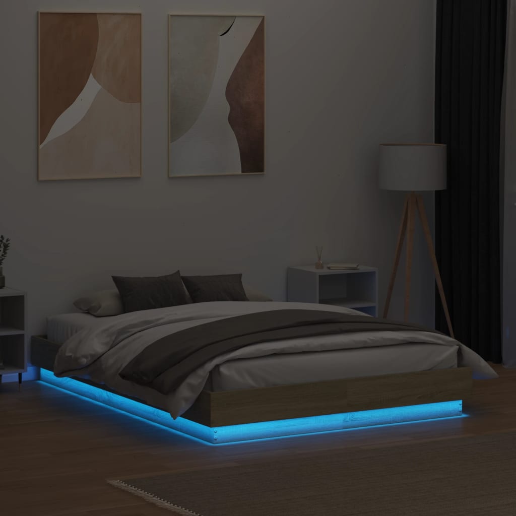 Bedframe met LED-verlichting sonoma eikenkleurig 135x190 cm is nu te koop bij PeponiXL, paradijselijk wonen!