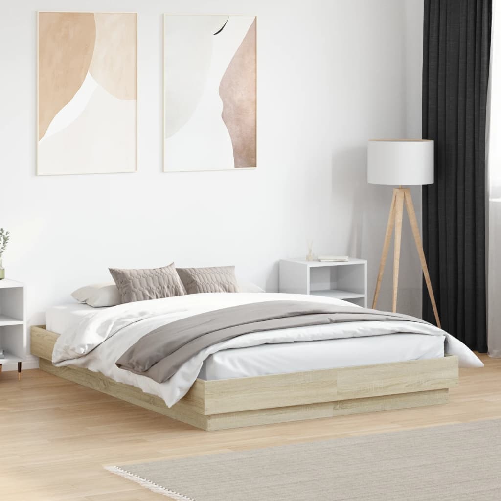 Bedframe bewerkt hout sonoma eikenkleurig 135x190 cm is nu te koop bij PeponiXL, paradijselijk wonen!