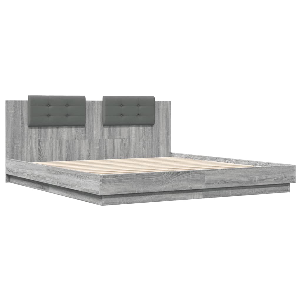 Bedframe met hoofdeinde bewerkt hout grijs sonoma 200x200 cm is nu te koop bij PeponiXL, paradijselijk wonen!