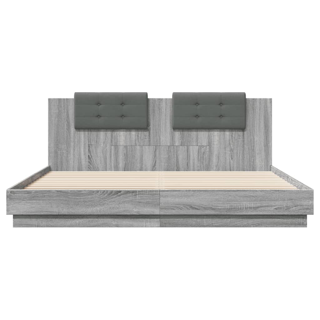 Bedframe met hoofdeinde bewerkt hout grijs sonoma 200x200 cm is nu te koop bij PeponiXL, paradijselijk wonen!