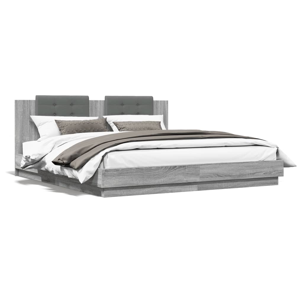 Bedframe met hoofdeinde bewerkt hout grijs sonoma 200x200 cm is nu te koop bij PeponiXL, paradijselijk wonen!