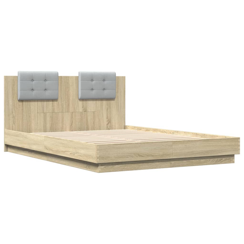 Bedframe met hoofdeinde bewerkt hout sonoma eiken 140x200 cm is nu te koop bij PeponiXL, paradijselijk wonen!